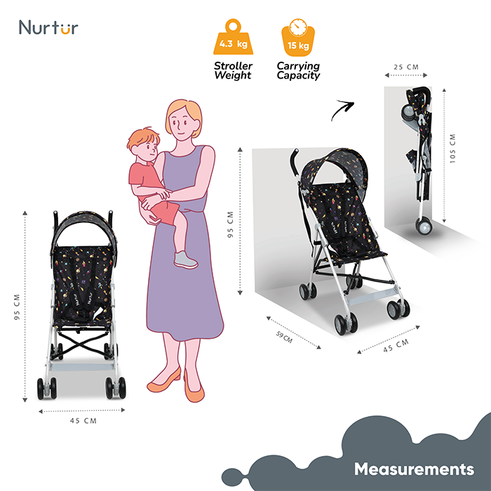 Nurtur Rex Lightweight Stroller – Compact Fold, Sun Canopy, Shoulder Strap, Airflow Design, Portable Buggy for Toddlers 6-36 Months, Easy Fold, - Black Print