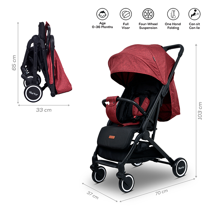 Nurtur Bravo Baby/Kids Travel Stroller 0 36 months, Storage Basket, Detachable Bumper, 5 Point Safety Harness, Compact Foldable Design, Red