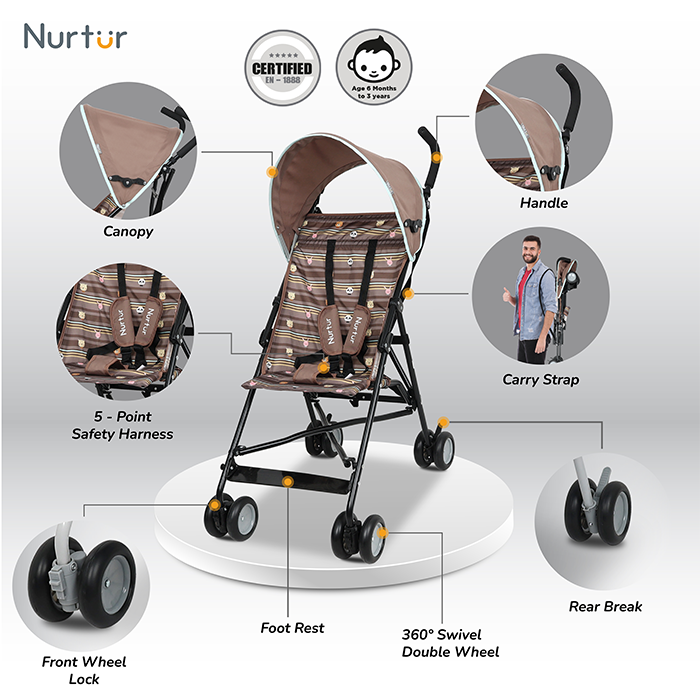 Nurtur Rex Lightweight Stroller – Compact Fold, Sun Canopy, Shoulder Strap, Airflow Design, Portable Buggy for Toddlers 6-36 Months, Easy Fold, - Brown