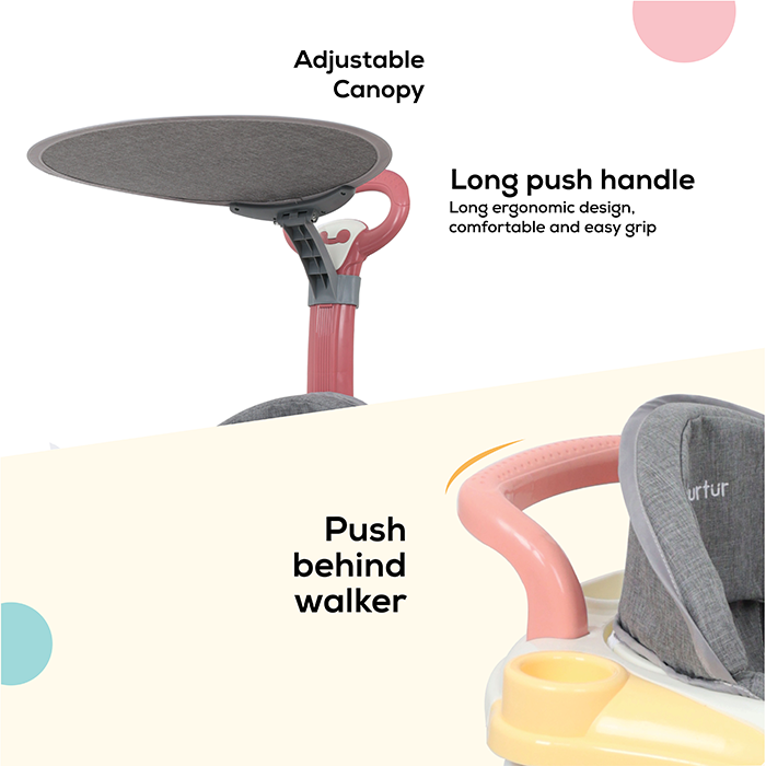 Nurtur 2 In 1 Baby Walker, Music, 5 Height Adjustments W/Canopy - Pink