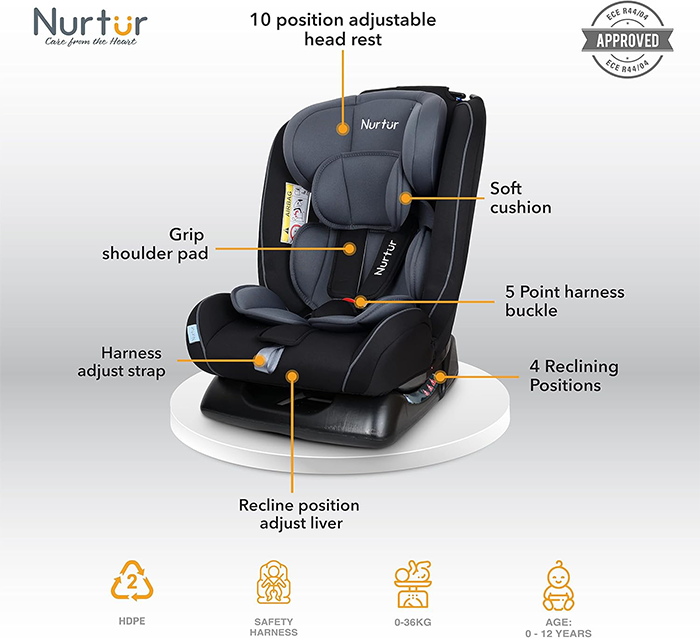 Nurtur Otto Baby/Kids 4-in-1 Car Seat - 4 Position Recline 5-Point Safety Harness – 10 Level Adjustable Headrest, 0 months to 12 years (Group 0+/1/2/3), Upto 36kg - Black Multi
