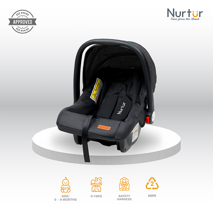 Nurtur Plus Travel System - Stroller with Baby Carrier, 0 36 months, Storage Basket, Detachable Bumper, 5 Point Safety Harness, Compact Foldable Design, Black