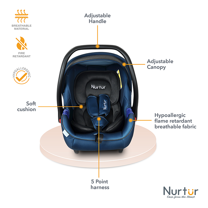 Nurtur Nemo Baby Carrier - Adjustable Canopy and Handle - Extra Protection – 3 -Point Safety Harness - Suitable from 0 months to 12 months, Upto 13kg, Black/Blue