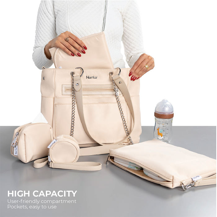 Nurtur Maternity Diaper Bag Fashion Bagpack Bag Multifunction Travel Bag with insulator bottle insulator pocket, Organizer, Pacifier pouch, Long Handle -Nude
