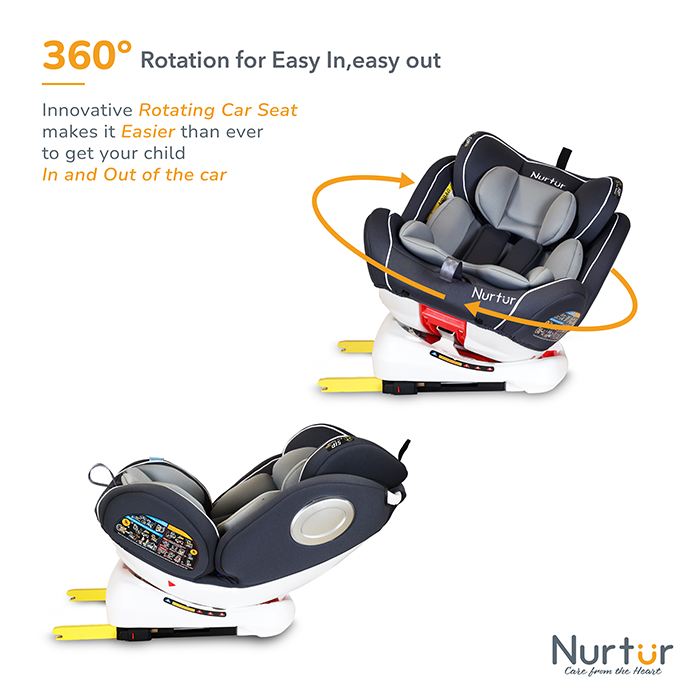 Nurtur Ultra Baby/Kids 4-in-1 Car Seat - 360° Rotation - ISOFIX – 9-Level Adjustable Headrest and Canopy - 0 months to 12 years (Group 0+/1/2/3), Upto 36kg - Grey Multi