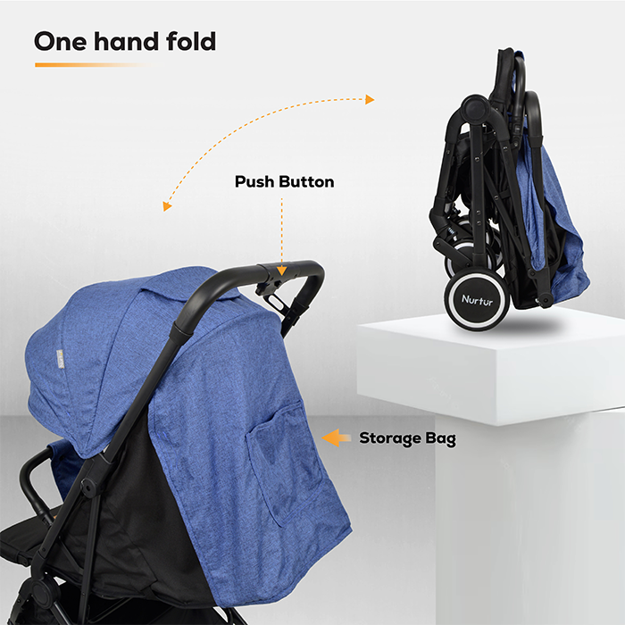 Nurtur Bravo Baby/Kids Travel Stroller 0 36 months, Storage Basket, Detachable Bumper, 5 Point Safety Harness, Compact Foldable Design, Blue