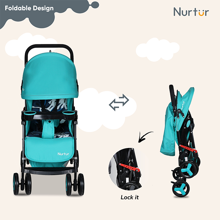 Nurtur Ryder Ultra Compact Lightweight Baby Travel Stroller with Storage Basket, Detachable Food Tray, Reclining Seat and Leg Rest, 0-36 Months, , Teal Printed