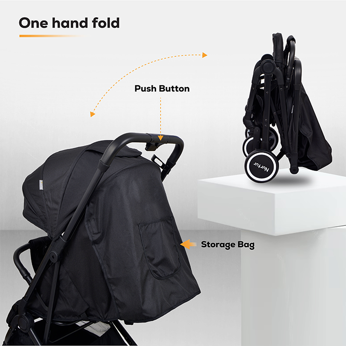Nurtur Bravo Baby/Kids Travel Stroller 0 36 months, Storage Basket, Detachable Bumper, 5 Point Safety Harness, Compact Foldable Design, Black