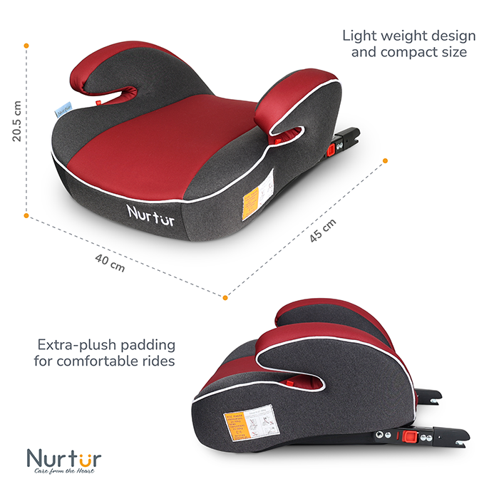 Nurtur Enzo Kids Booster Car Seat - Arm Rest Seat, Blow up Narrow Backless Booster Car Seat for Travel, Suitable from 4 years to 12 years (Group 2/3) - Red