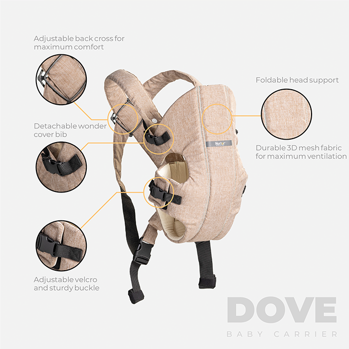 Nurtur Dove Deluxe Infant Baby Carrier – Premium Fabric, Dual-Facing Comfort, Adjustable Cushioned Straps, & Built-In Baby Bib - Sand