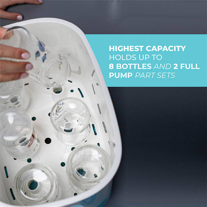 Nurtur Steri Modular Sterilizer dryer, Auto Steam and Dry baby bottles and accessories, 8 bottle capacity, mnodular design, auto shut off, UK Plug, led Timer Function