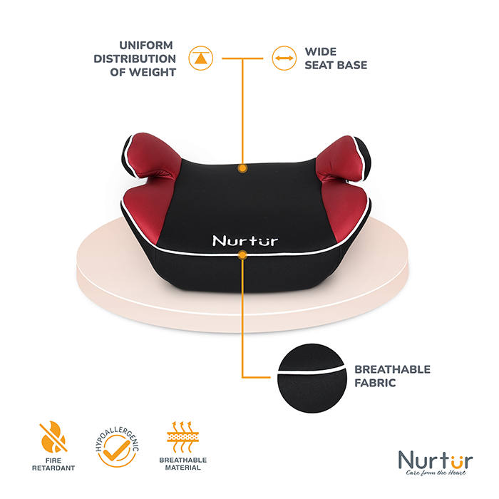 Nurtur Nova Kids Booster Seat - Arm Rest - Easy to Install - Universally Fit – Wide Cushioned Base - Suitable from 4 years to 12 years (Group 2/3) - Red