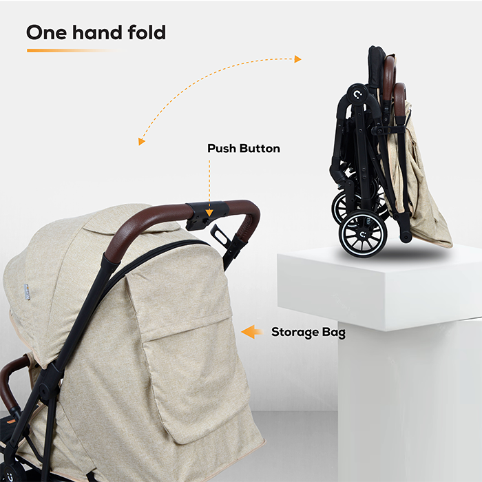 Nurtur Bravo Plus Baby Stroller 0 to 36 months, Storage Basket, Leatherette details, One -hand fold design, 5 Point Safety Harness, EVA wheels - Black/Grey