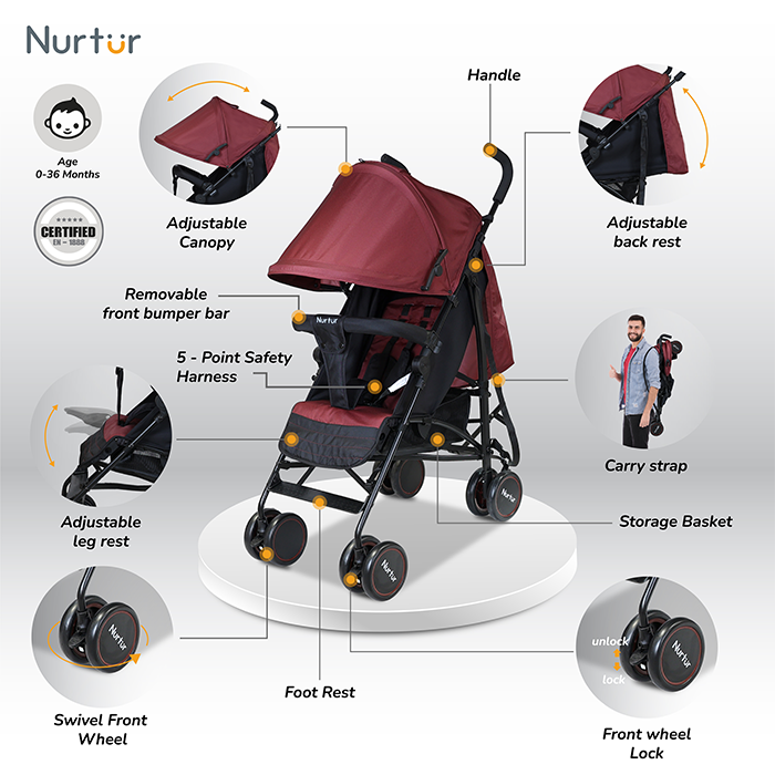 Nurtur Archer Baby/Kids Lightweight Travel Stroller 0 36 Months, Storage Basket, Detachable Bumper, 5 Point Safety Harness, Compact Design, Red