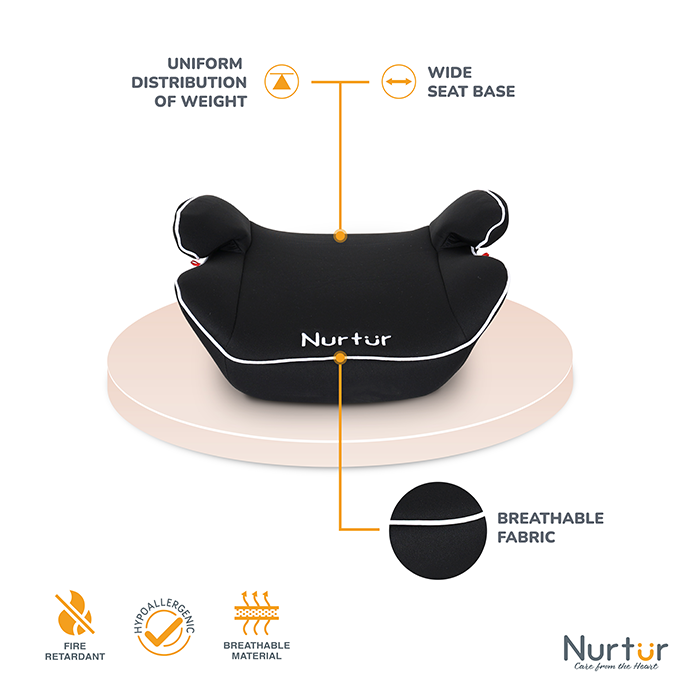 Nurtur Nova Kids Booster Seat - Arm Rest - Easy to Install - Universally Fit – Wide Cushioned Base - Suitable from 4 years to 12 years (Group 2/3) - Black