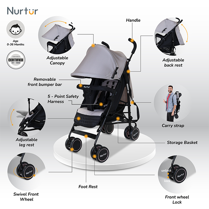 Nurtur Archer Baby/Kids Lightweight Travel Stroller 0 36 Months, Storage Basket, Detachable Bumper, 5 Point Safety Harness, Compact Design, Light Grey