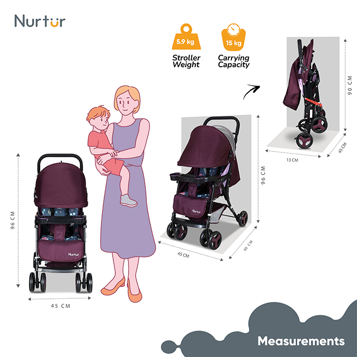 Nurtur Ryder Ultra Compact Lightweight Baby Travel Stroller with Storage Basket, Detachable Food Tray, Reclining Seat and Leg Rest, 0-36 Months, , Burgundy Printed