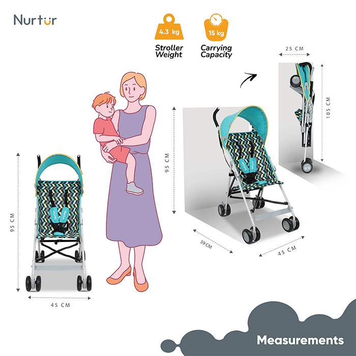 Nurtur Rex Lightweight Stroller – Compact Fold, Sun Canopy, Shoulder Strap, Airflow Design, Portable Buggy for Toddlers 6-36 Months, Easy Fold, - Green / Teal