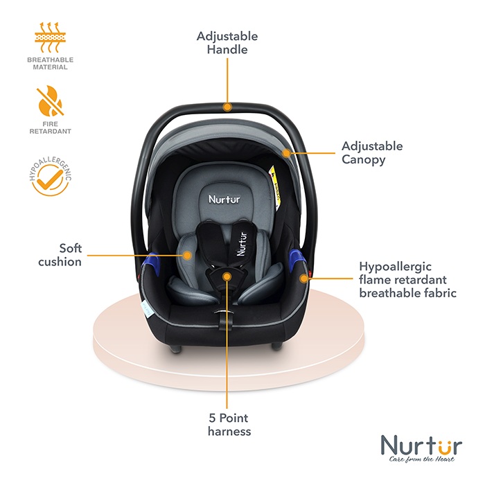 Nurtur Nemo Baby Carrier - Adjustable Canopy and Handle - Extra Protection – 3 -Point Safety Harness - Suitable from 0 months to 12 months, Upto 13kg, Grey Multi