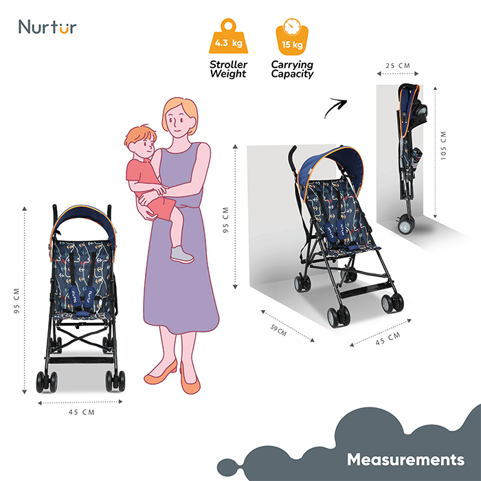 Nurtur Rex Lightweight Stroller – Compact Fold, Sun Canopy, Shoulder Strap, Airflow Design, Portable Buggy for Toddlers 6-36 Months, Easy Fold, - Navy Print