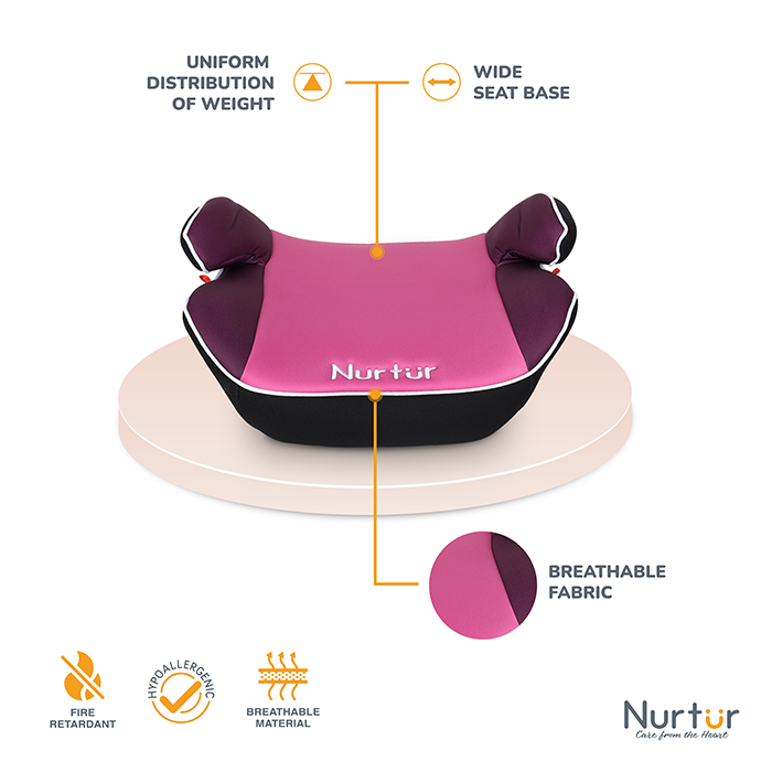 Nurtur Nova Kids Booster Seat - Arm Rest - Easy to Install - Universally Fit – Wide Cushioned Base - Suitable from 4 years to 12 years (Group 2/3) - Pink