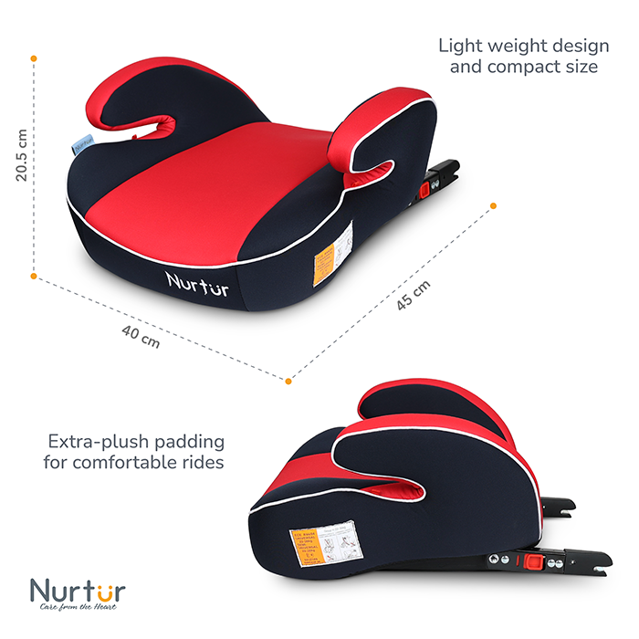 Nurtur Enzo Kids Booster Car Seat - Arm Rest Seat, Blow up Narrow Backless Booster Car Seat for Travel, Suitable from 4 years to 12 years (Group 2/3) - Red