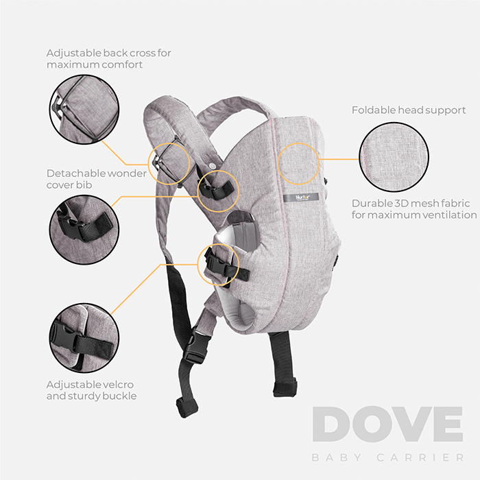 Nurtur Dove Deluxe Infant Baby Carrier – Premium Fabric, Dual-Facing Comfort, Adjustable Cushioned Straps, & Built-In Baby Bib - Grey