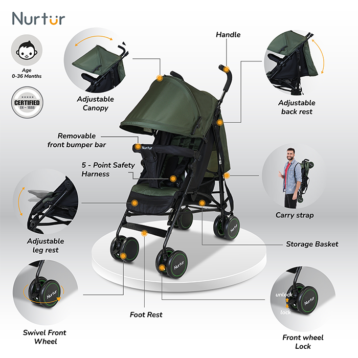 Nurtur Archer Baby/Kids Lightweight Travel Stroller 0 36 Months, Storage Basket, Detachable Bumper, 5 Point Safety Harness, Compact Design, Dark Green