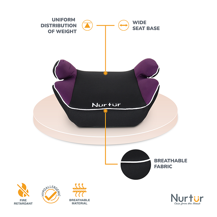 Nurtur Nova Kids Booster Seat - Arm Rest - Easy to Install - Universally Fit – Wide Cushioned Base - Suitable from 4 years to 12 years (Group 2/3) - Purple