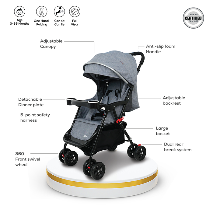 Nurtur Bliss Ultra Compact Lightweight Baby Travel Stroller with Storage Basket, Detachable Food Tray, Reclining Seat and Leg Rest, 0-36 Months, Grey