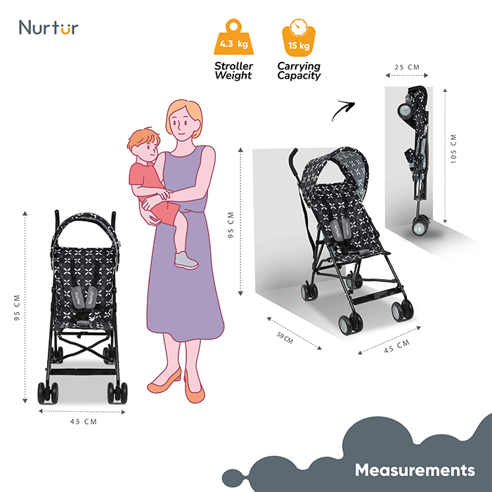 Nurtur Rex Lightweight Stroller – Compact Fold, Sun Canopy, Shoulder Strap, Airflow Design, Portable Buggy for Toddlers 6-36 Months, Easy Fold, - Black / White