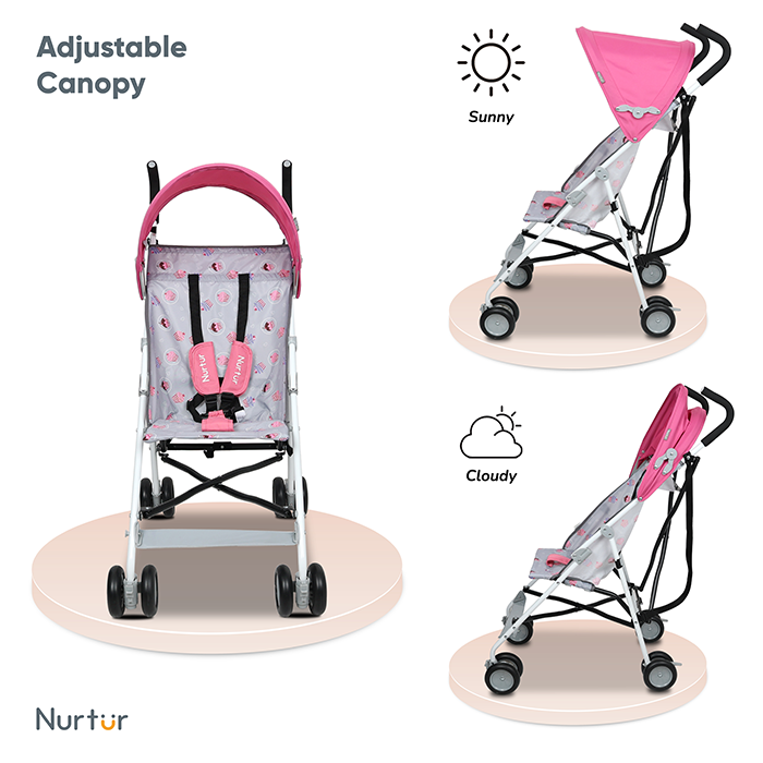 Nurtur Rex Lightweight Stroller – Compact Fold, Sun Canopy, Shoulder Strap, Airflow Design, Portable Buggy for Toddlers 6-36 Months, Easy Fold, - Pink / Grey