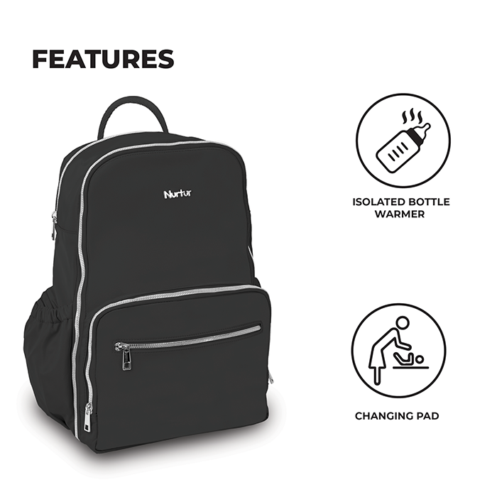 Nurtur Maverick Maternity Diaper Bag Fashion Bagpack Bag Multifunction Travel Bag with insulator bottle warming pocket and changing pad - Black