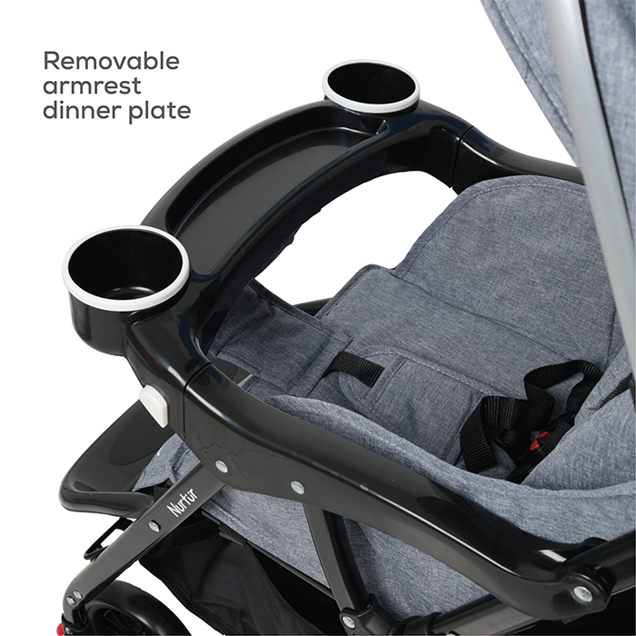 Nurtur Bliss Ultra Compact Lightweight Baby Travel Stroller with Storage Basket, Detachable Food Tray, Reclining Seat and Leg Rest, 0-36 Months, Grey