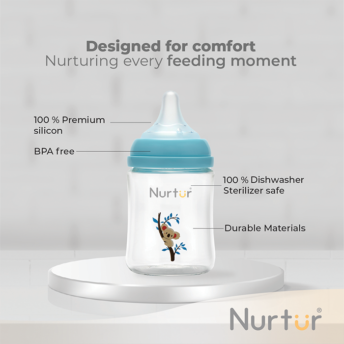 Nurtur Cozi - 160Ml Anticolic Glass Feeding Bottle - Blue