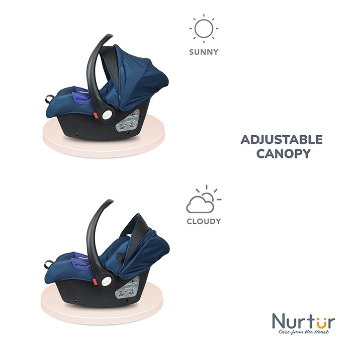 Nurtur Nemo Baby Carrier - Adjustable Canopy and Handle - Extra Protection – 3 -Point Safety Harness - Suitable from 0 months to 12 months, Upto 13kg, Black/Blue