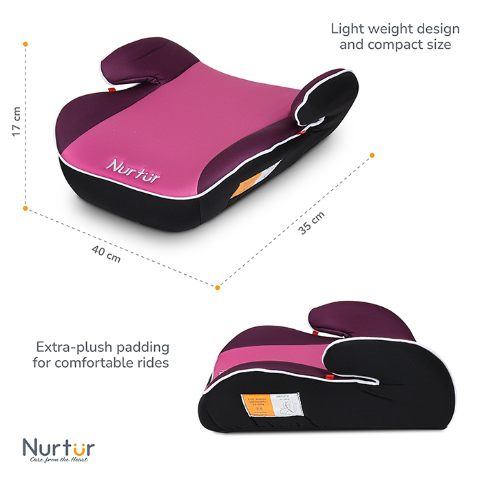 Nurtur Nova Kids Booster Seat - Arm Rest - Easy to Install - Universally Fit – Wide Cushioned Base - Suitable from 4 years to 12 years (Group 2/3) - Pink