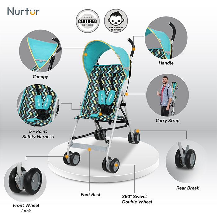 Nurtur Rex Lightweight Stroller – Compact Fold, Sun Canopy, Shoulder Strap, Airflow Design, Portable Buggy for Toddlers 6-36 Months, Easy Fold, - Green / Teal