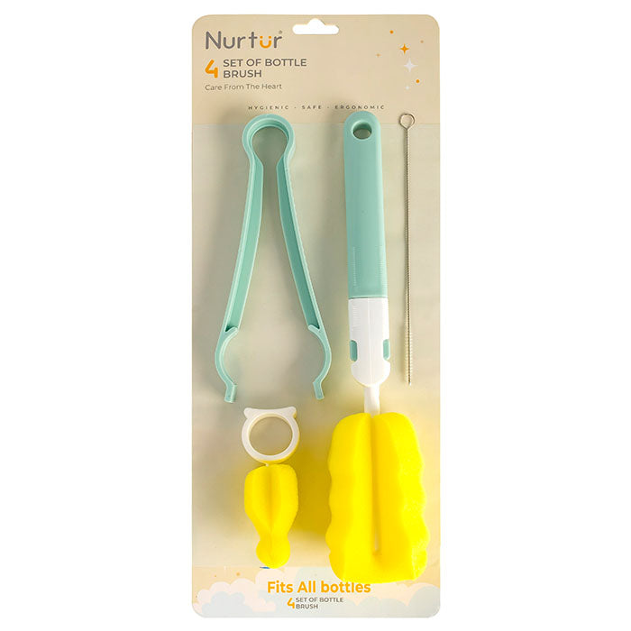 Nurtur 4 in 1 Baby Bottle Brush, Sponge Absorbant brush for effective cleaning with Teat Brush and Sterile Tongs Oncluded