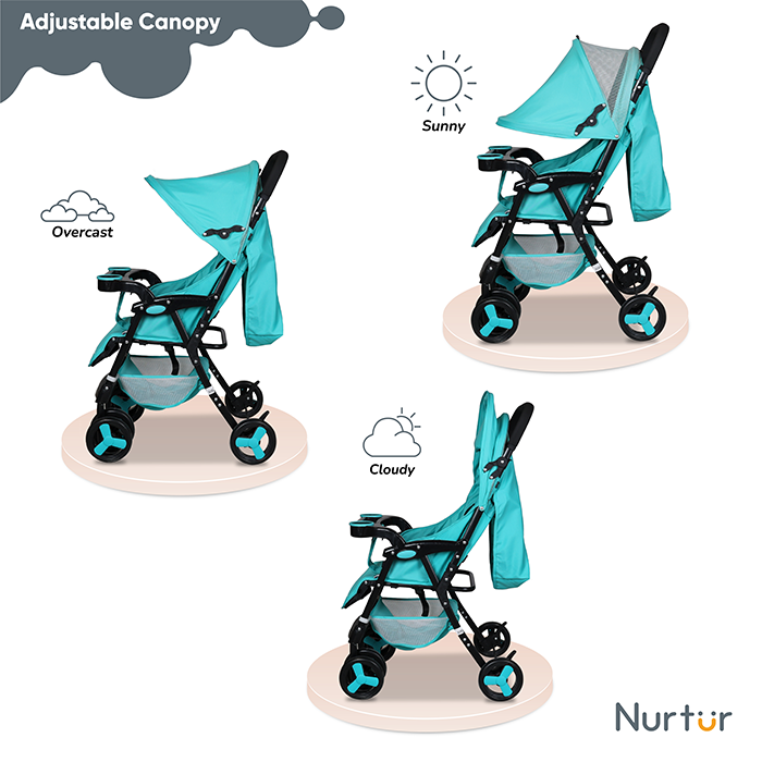 Nurtur Ryder Ultra Compact Lightweight Baby Travel Stroller with Storage Basket, Detachable Food Tray, Reclining Seat and Leg Rest, 0-36 Months, , Teal Printed