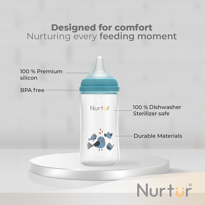 Nurtur Cozi - 240Ml Anticolic Glass Feeding Bottle - Blue