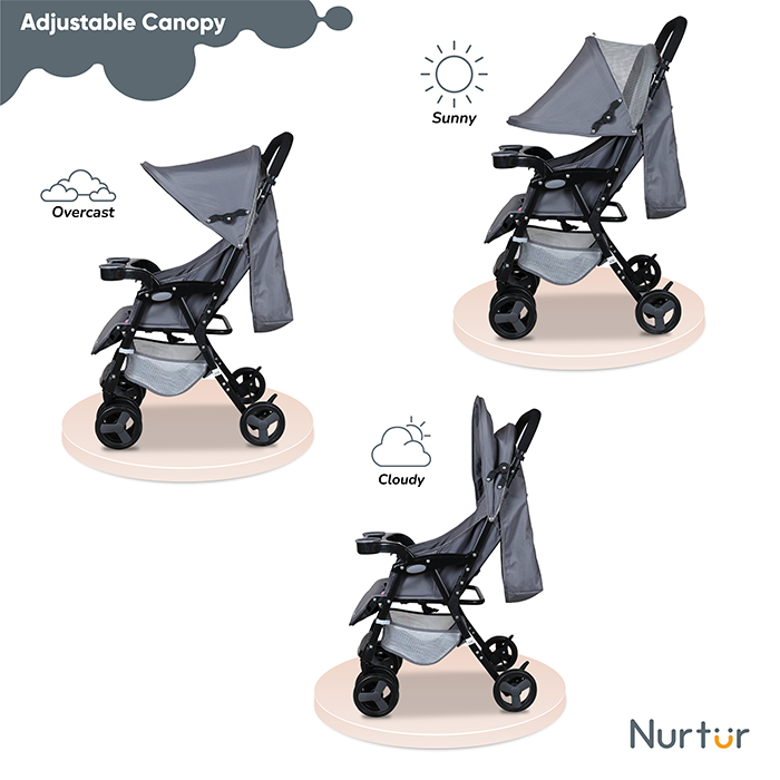 Nurtur Ryder Ultra Compact Lightweight Baby Travel Stroller with Storage Basket, Detachable Food Tray, Reclining Seat and Leg Rest, 0-36 Months, , Grey Printed