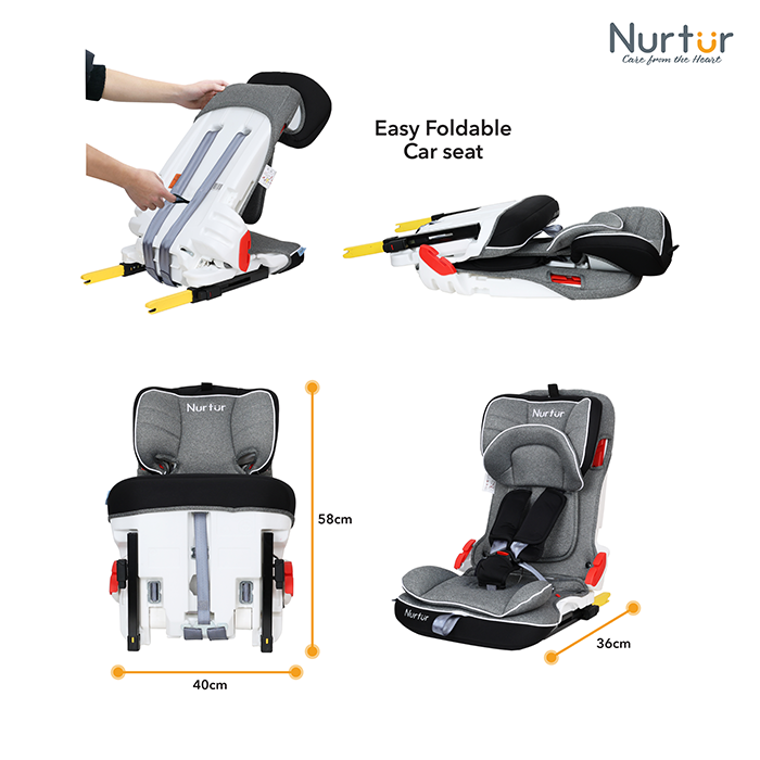 Nurtur Maverick Baby/Kids Compact Foldable Car Seat - ISOFIX - 10-level Adjustable Headrest - 9 months to 12 years (Group 1/2/3), Upto 36kg, Grey Multi