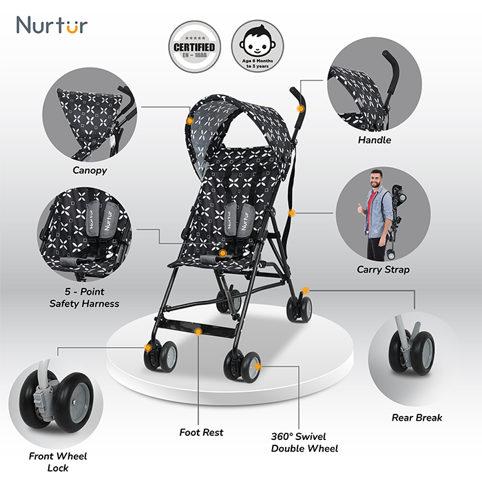 Nurtur Rex Lightweight Stroller – Compact Fold, Sun Canopy, Shoulder Strap, Airflow Design, Portable Buggy for Toddlers 6-36 Months, Easy Fold, - Black / White