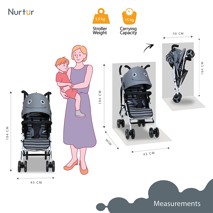 Nurtur Luca Character Baby/Kids Lightweight Stroller 0 36 Months, Storage Basket, Detachable Bumper, 5 Point Safety Harness, Compact Design with shoulder strap Grey
