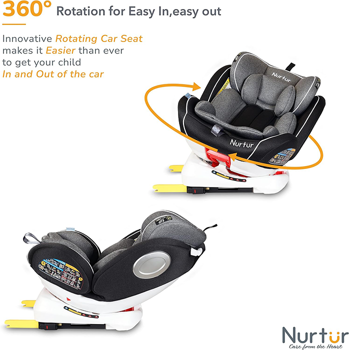Nurtur Ultra Baby/Kids 4-in-1 Car Seat - 360° Rotation - ISOFIX – 9-Level Adjustable Headrest and Canopy - 0 months to 12 years (Group 0+/1/2/3), Upto 36kg - Grey Multi