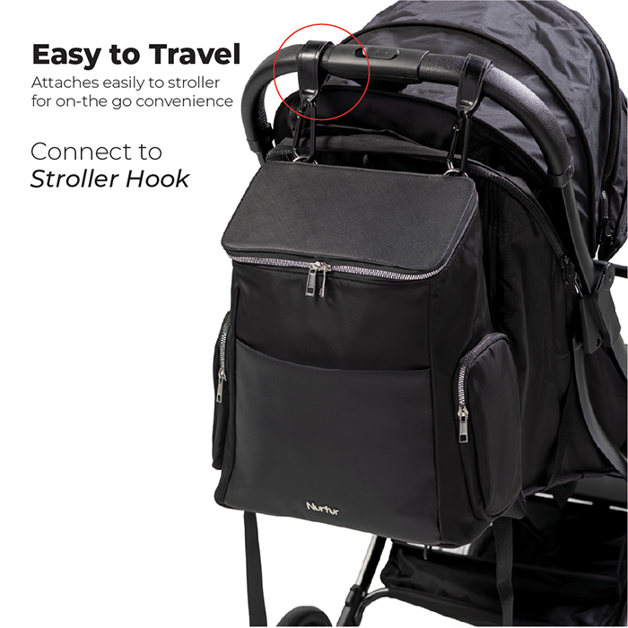 Nurtur Aura Maternity Diaper Bag PU Leather and Nylon Fashion Bagpack Bag Multifunction Travel Bag with insulator bottle warming pocket and changing pad - Black