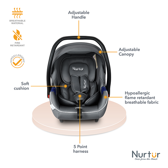 Nurtur Nemo Baby Carrier - Adjustable Canopy and Handle - Extra Protection – 3 -Point Safety Harness - Suitable from 0 months to 12 months, Upto 13kg, Black/Blue