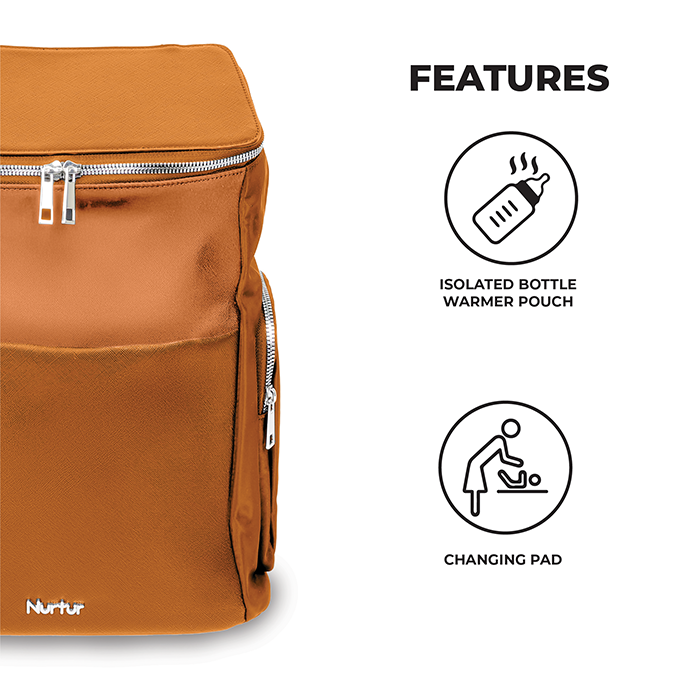 Nurtur Aura Maternity Diaper Bag PU Leather and Nylon Fashion Bagpack Bag Multifunction Travel Bag with insulator bottle warming pocket and changing pad - Nude