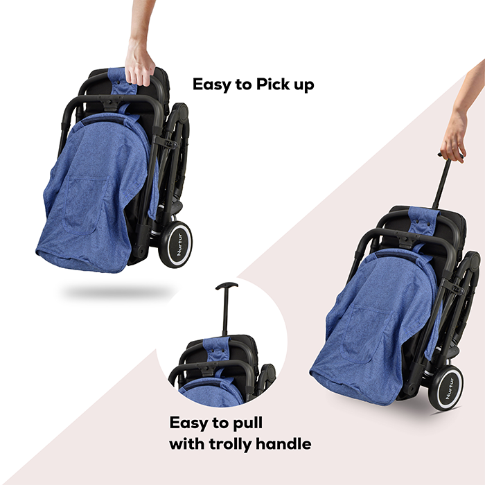 Nurtur Bravo Baby/Kids Travel Stroller 0 36 months, Storage Basket, Detachable Bumper, 5 Point Safety Harness, Compact Foldable Design, Blue